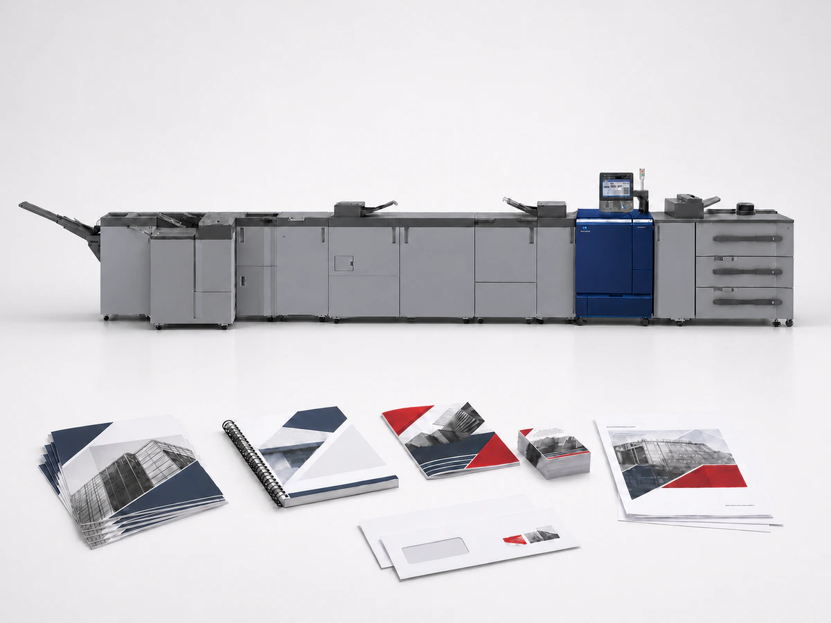 Commercial production press with inline finishing and completed booklets, manuals, and printed pieces