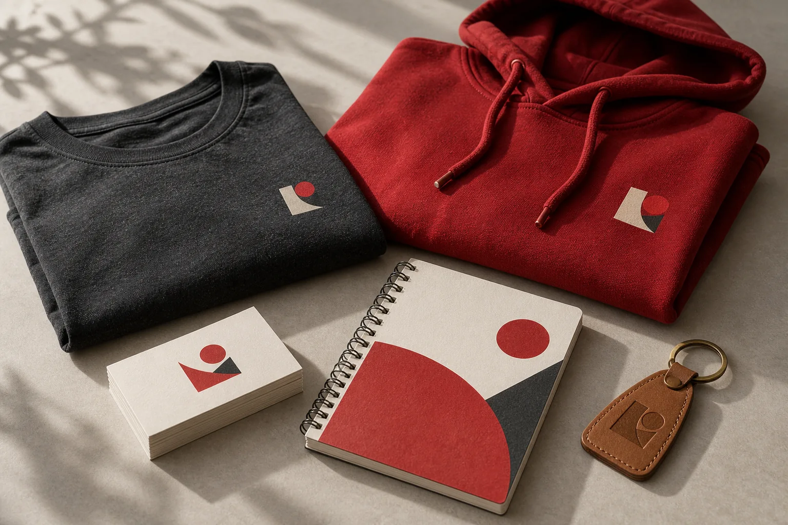 Representative printed apparel, business cards, a coil-bound booklet, and an engraved key tag