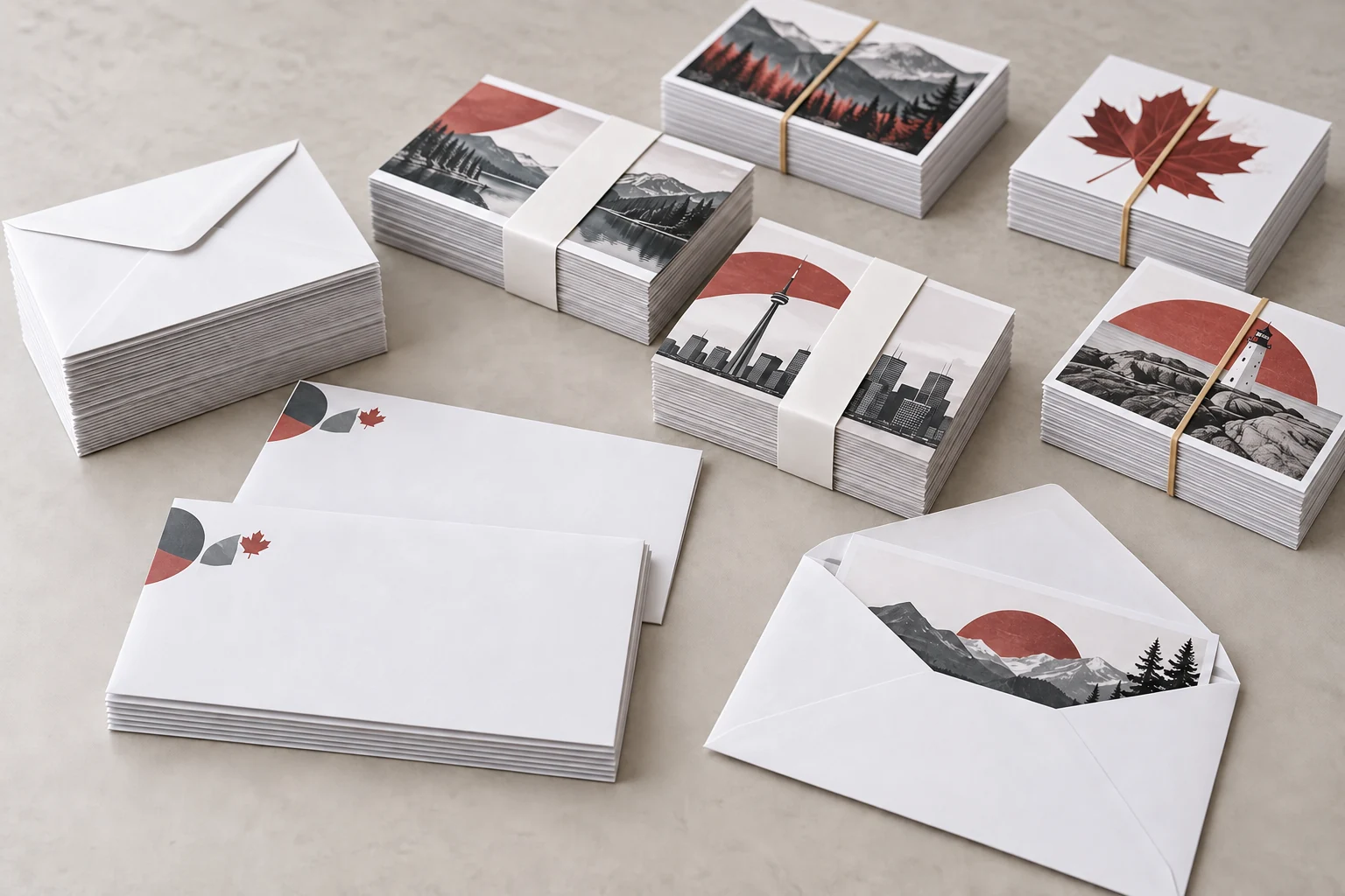 Envelopes and sorted mailers bundled with paper bands and elastic bands