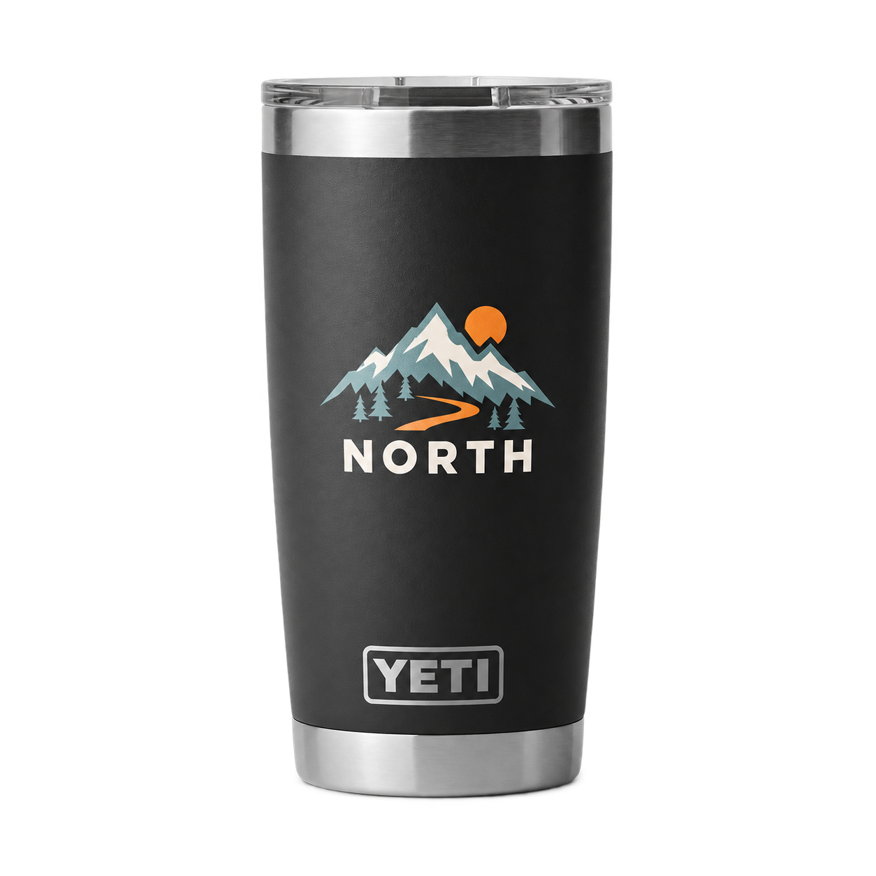 UV customization preview on a black YETI Rambler 20 oz tumbler